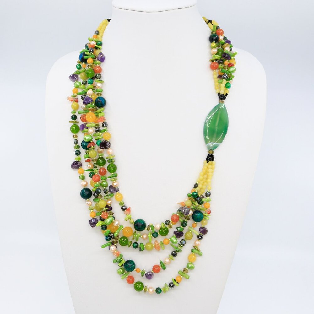 Vintage Boho Style Multi-strand Pearl & Gemstones Uranium Glass Chunky Necklace